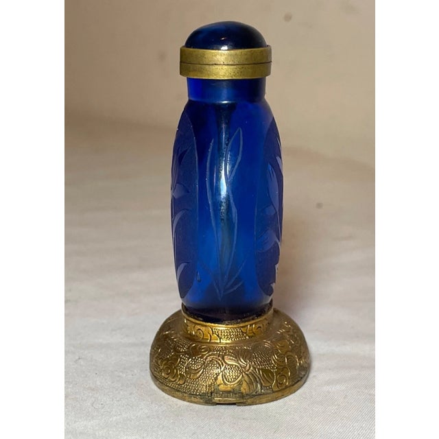 Glass Antique Chinese Etched Cobalt Glass Chased Bronze Striker Lighter Snuff Bottle For Sale - Image 7 of 11
