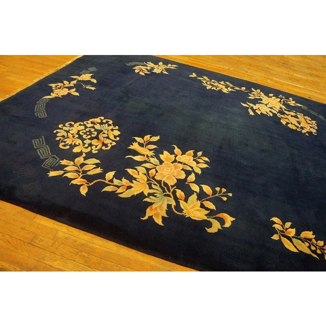 1930s Blue Navy Floral Modern Antique Chinese Art Deco Carpet 8'10" X 11'8" Handknotted Wool Rug For Sale - Image 9 of 12