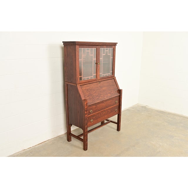 Charles Limbert Stickley Brothers Style Antique Mission Oak Arts & Crafts Secretary Desk With Bookcase Hutch, Circa 1910 For Sale - Image 4 of 14