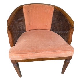 Vintage Dusty Rose Upholstered Cane Back Barrel Accent Chair For Sale