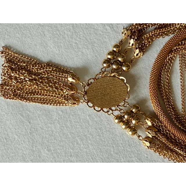 Vintage 1970s Gold Tone Multi-Strand Tassel Bib Necklace, Etruscan Revival Style For Sale - Image 16 of 16