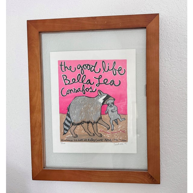 Original Signed Lea Bell “The Good Life” Woodblock Print Poster Limited Ed. 96/100. Poster featuring raccoon carrying baby...