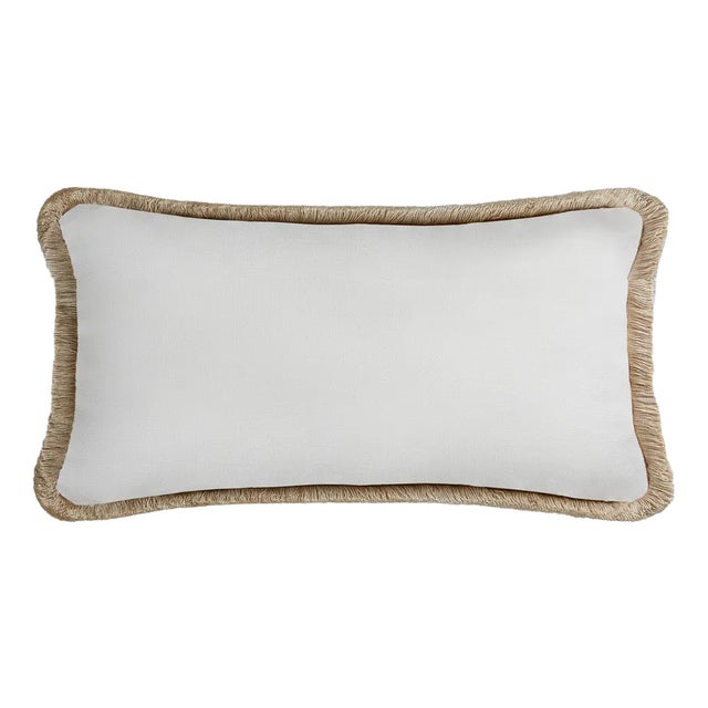White with Beige Fringes Happy Linen Pillow by LO DECOR for Lorenza Briola For Sale