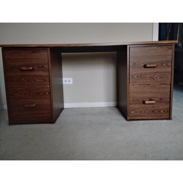 Desk - 2 File Cabinets + Desktop Walnut Wood Portable 3 Pc Retro Wooden Desk EUC. The file cabinets were reinforced to be...