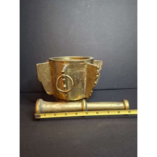 Rustic Museum Antique Heavy 18lb Bronze Mortar and Pestle Ribbed Fins Suspension Ring Judaica Sourced J Greenstein For Sale - Image 3 of 18