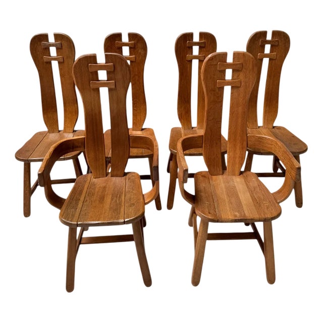 Brutalist Oak Dining Room Chairs from Kunstmeubelen de Puydt, Belgium, 1970s, Set of 6 For Sale