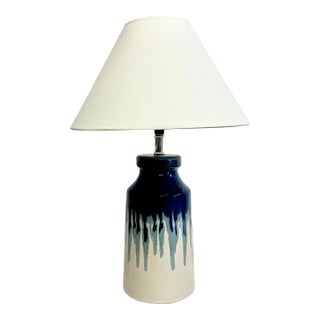 1980s Boho Chic Arts & Crafts Studio Pottery Navy Drip Lamp, New Shade For Sale