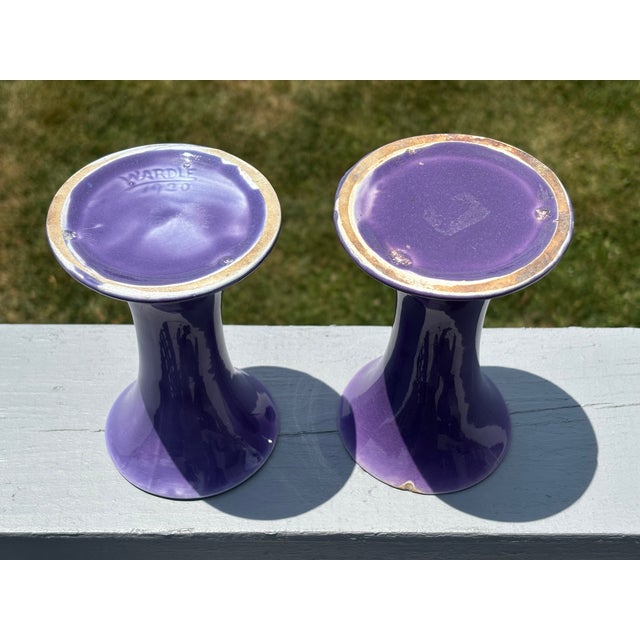 Early 20th Century A Purple Pair - Wardle 1920 English Ceramic 6" Candlestick / Vases For Sale - Image 6 of 6