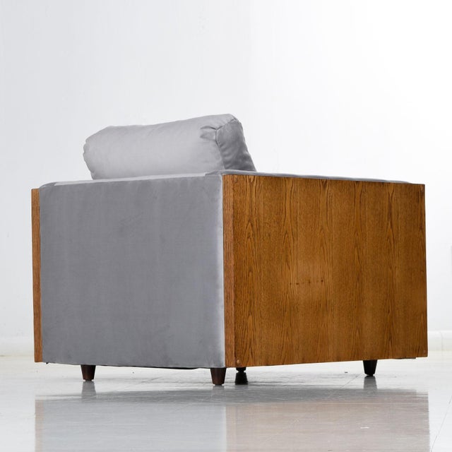 Restored 1970s Milo Baughman Style Gray Cube Chair With Wood Sides For Sale - Image 10 of 11