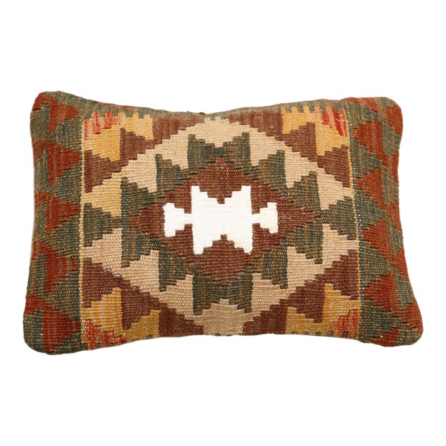 Arteverk Handwoven Afghan Kilim Lumbar Pillow — Brown & Green Diamonds For Sale