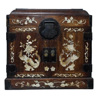 Antique Huanghuali Wood Official's Chest With Mother-of-Pearl Inlay (Phoenix & Floral Motif) For Sale