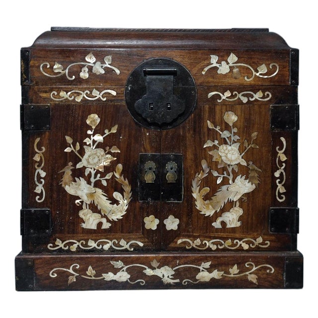 Antique Huanghuali Wood Official's Chest With Mother-of-Pearl Inlay (Phoenix & Floral Motif) For Sale