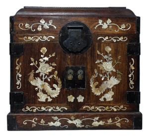 Antique Huanghuali Wood Official's Chest With Mother-of-Pearl Inlay (Phoenix & Floral Motif)
