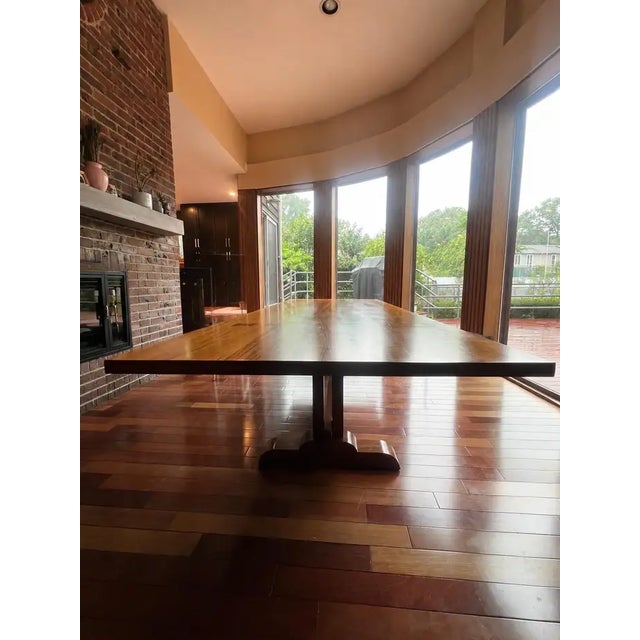 1980s Monumental 10-Foot Arts & Crafts Sculptural Solid Walnut Trestle Dining Table For Sale - Image 5 of 10