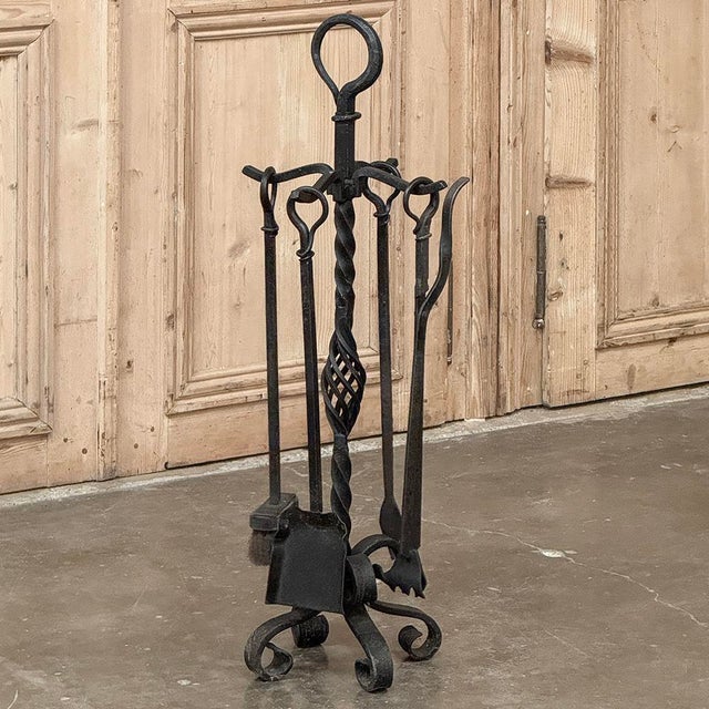 French Provincial Antique Wrought Iron Fireplace Tool Set With Stand For Sale - Image 3 of 12