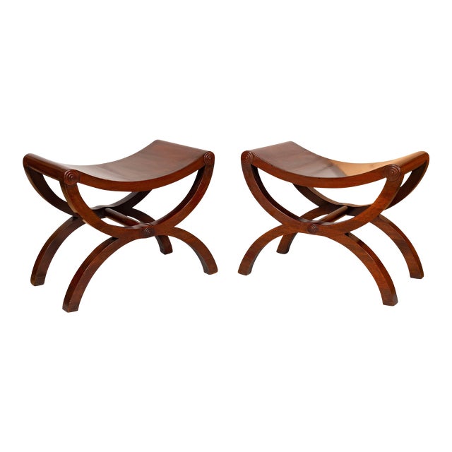 Regency Mahogany Curule Form Benches - A Pair For Sale