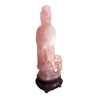 Antique Chinese Qing Dynasty Rose Quartz Guanyin Kwan Yin Figurine W/ Stand For Sale