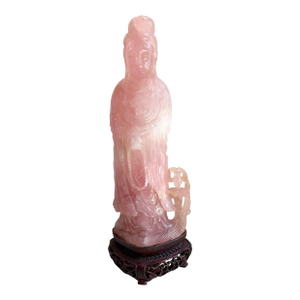 Antique Chinese Qing Dynasty Rose Quartz Guanyin Kwan Yin Figurine W/ Stand