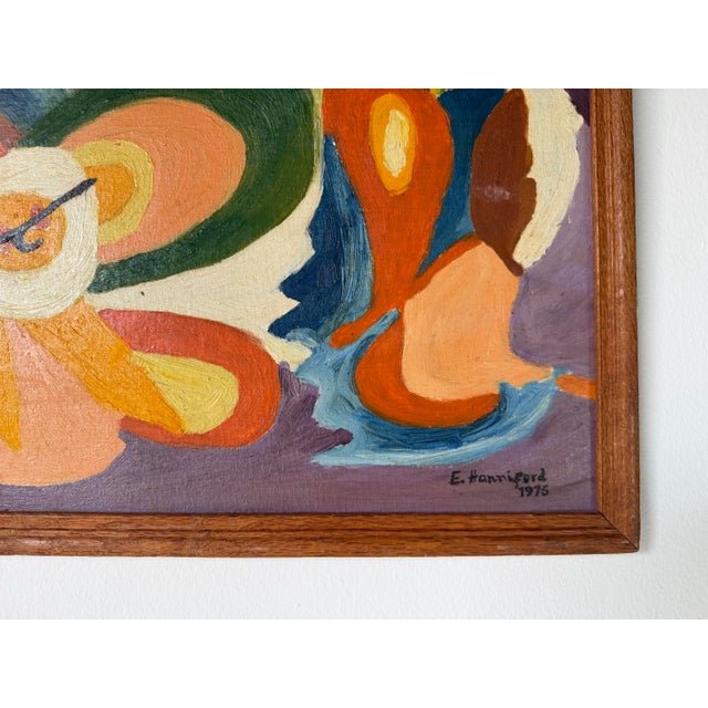 Orange 1975 Vintage E. Hanniferd Abstract Still Life Oil on Board Painting – Framed For Sale - Image 8 of 12