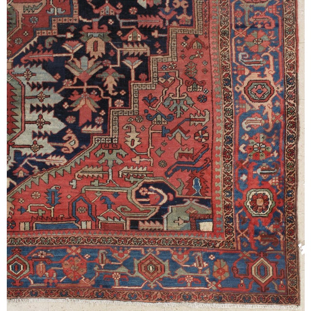 Antique Persian Heriz Carpet Handmade Wool Oriental Rug, Rust, Navy, Light Blue For Sale - Image 11 of 18