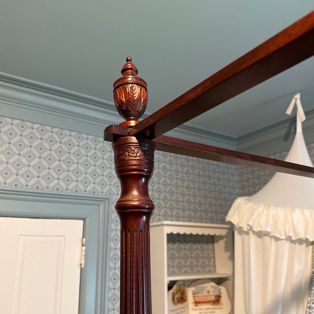 Solid Mahogany Rice Carved Four Poster Queen Bed With Canopy Frame and Low-Profile Boxspring For Sale - Image 11 of 12