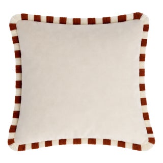 Bicolor White Velvet Cushion with Brick and White Fringes by Lo Decor For Sale