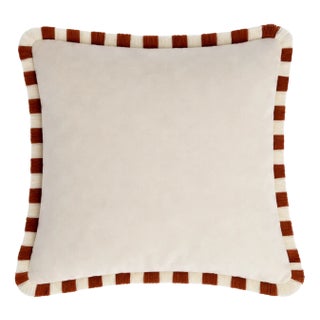 Bicolor White Velvet Cushion with Brick and White Fringes from Lo Decor For Sale