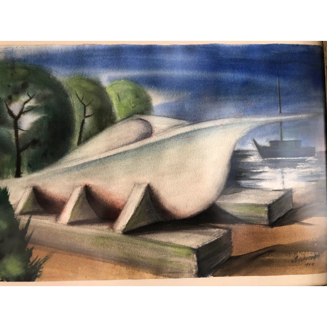 Blue Vintage 1950 Wpa Style Pastel Painting of a Ship For Sale - Image 8 of 12