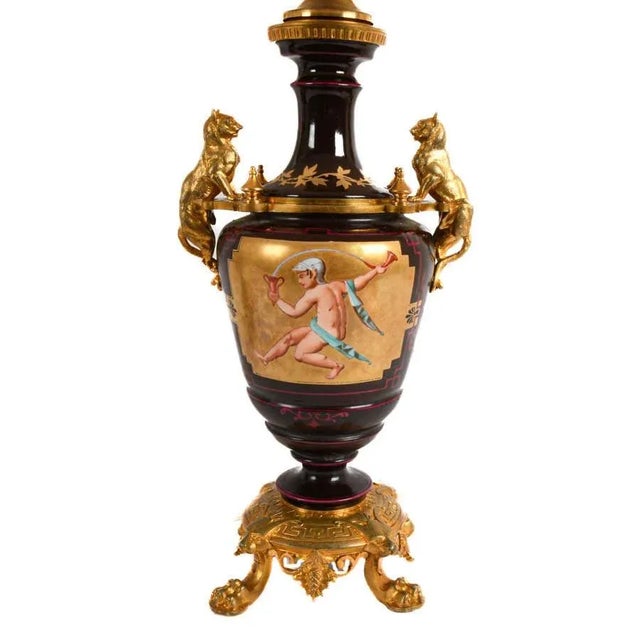 Manufacture de Sevres Mid 20th Century Pair of Vintage French Empire Revival Porcelain Urn Lamps, After Sèvres, With Gilt Bronze Mounts For Sale - Image 4 of 7