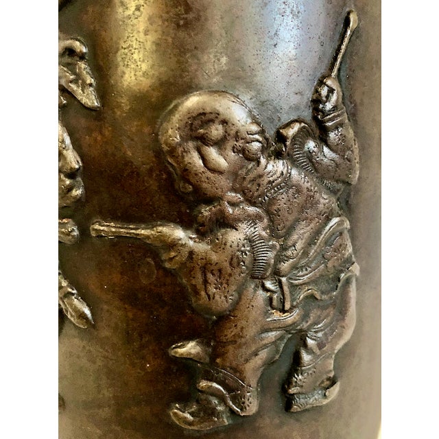 Late 19th Century Japanese Meiji Era Patinated Bronze Vase With Peonies and a Child For Sale - Image 5 of 15