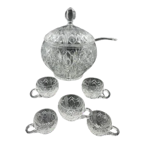 Early 20th Century Cut Crystal Punch Bowl With Glass Ladle & Cups Set- 8 Pieces