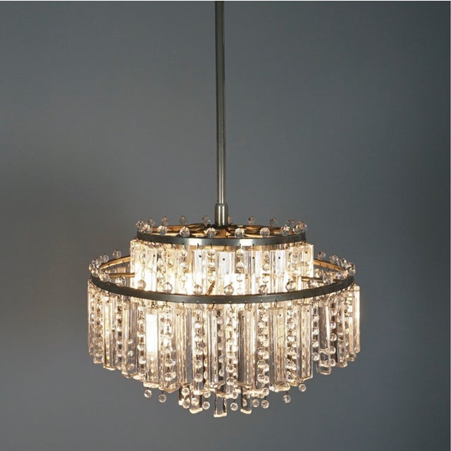Vintage Chandelier with Floodlight Prisms and Rhinestone Beads Nickel, 1960s For Sale - Image 4 of 13