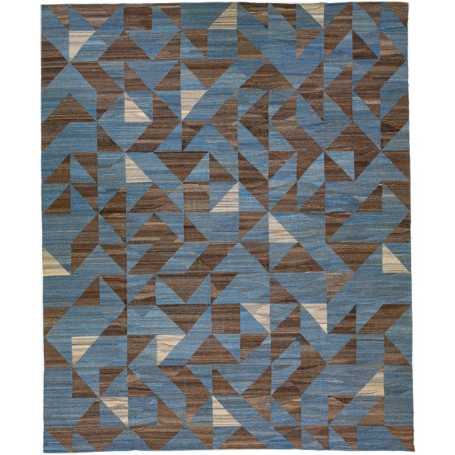Textile 2020s Blue Oversize Kilim Wool Rug Flatweave With a Modern Abstract Design For Sale - Image 7 of 7