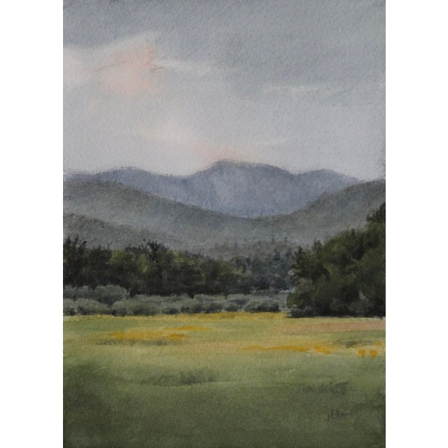 Possibilities of a New Day by Mo Myra | Watercolor on Paper Landscape with Mountains and Field For Sale