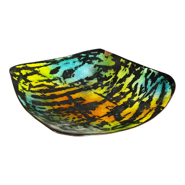 Vintage 60s 70s Mid-Century Modern Electric Tiger Stripe Enamel on Copper Bowl Candy Dish For Sale