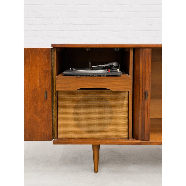 Wood Extra Long Mid Century Modern Tambour Door Garrard Cabinet | Walnut Credenza Sideboard, C. 1960’s For Sale - Image 7 of 13