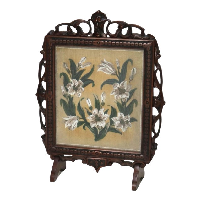 Antique Victorian Carved Walnut Firescreen With Floral Beaded Needlework Panel For Sale
