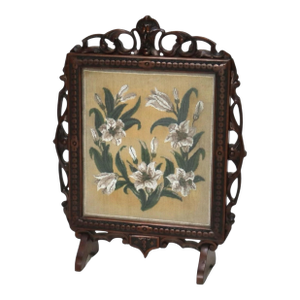 Antique Victorian Carved Walnut Firescreen With Floral Beaded Needlework Panel