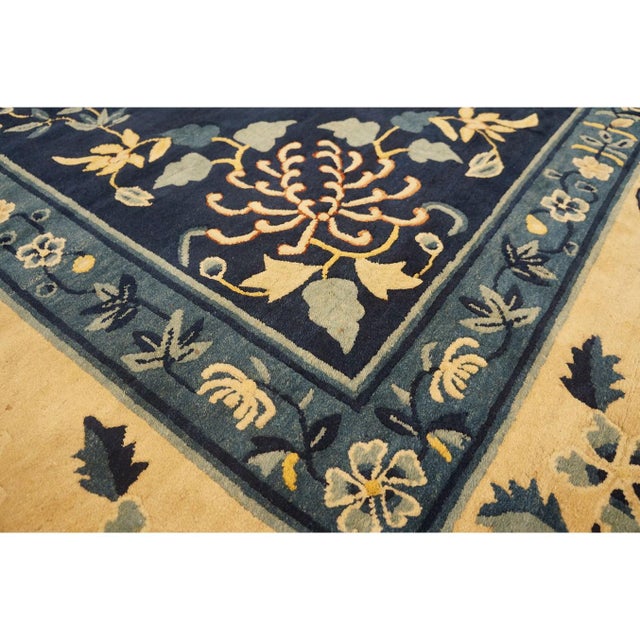 1920s Navy Blue Floral Deco Antique Chinese Peking Knotted Rug 11'9'' X 14'3'' For Sale - Image 4 of 12