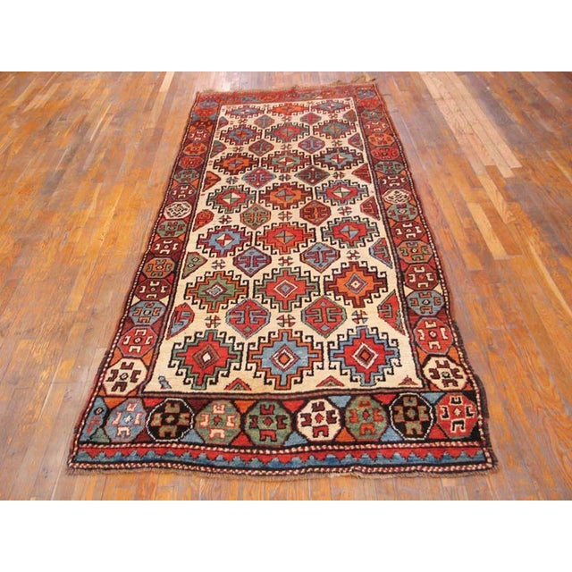 Tribal 1850s Ivory Geometric Tribal Antique n.w. Persian Rug 3'10" X 9'4" Handmade Wool Carpet For Sale - Image 3 of 10