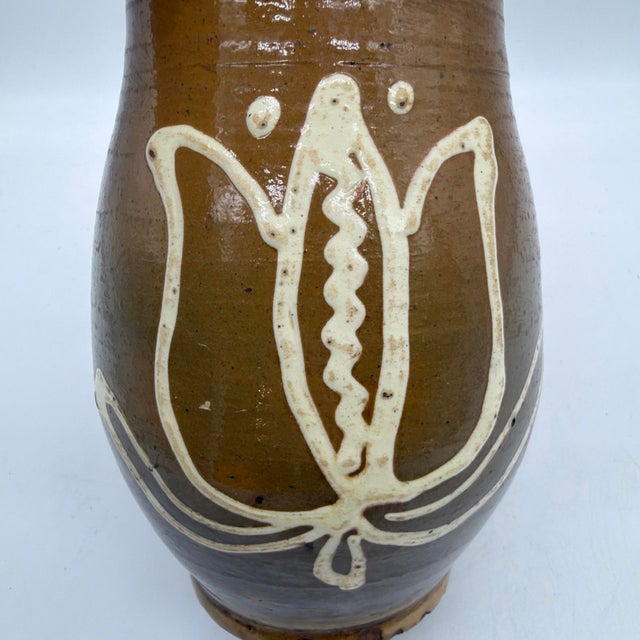 19th Century French Regional Slipware Earthenware Pitcher With Tulip Motif For Sale - Image 9 of 17