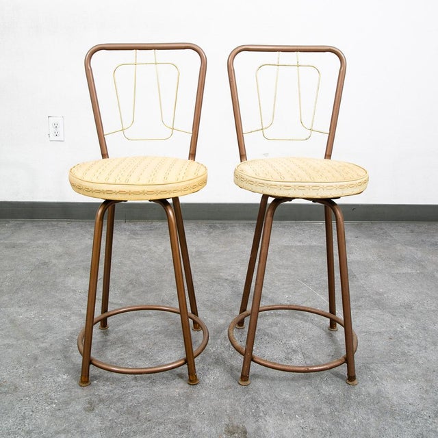 Mid Century Modern Bar Stools Set 2 Brown Swivel Wood American Vintage Tan MCM For Sale - Image 11 of 12