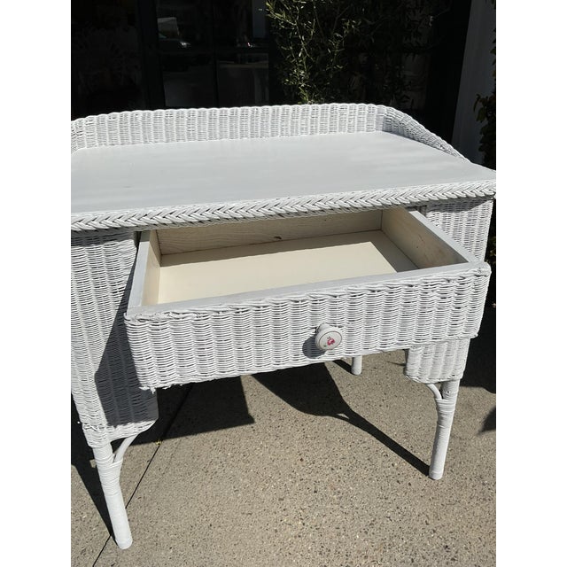 Vintage White Wicker Writing Desk / Vanity Table With Drawer For Sale - Image 10 of 15
