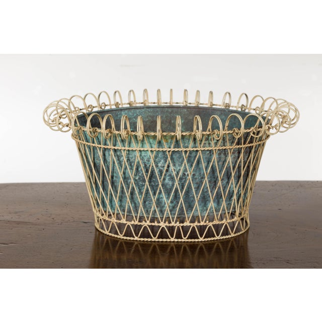 Rustic French Midcentury Oval Metal Cachepot with Scrolling Effects For Sale - Image 9 of 12