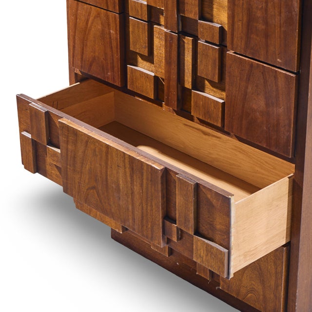 Lane Staccato Brutalist Mid Century Walnut Highboy Dresser For Sale In Chicago - Image 6 of 7