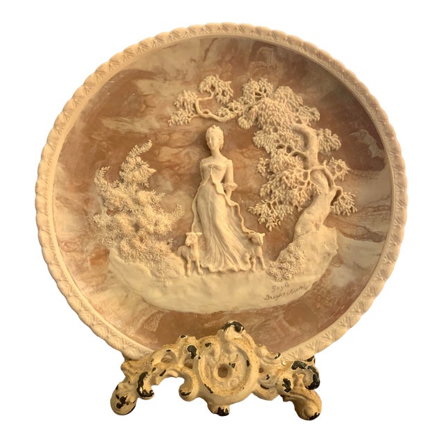 Vintage 1977 Gayle Bright Appleby Art Incolay Stone “ She Walks in Beauty “ Collector Sculpture Plate 10” Round, 3 D For Sale