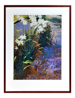Large (42"x54") Framed Limited Edition Serigraph Depicting Lilies Around a Pond
