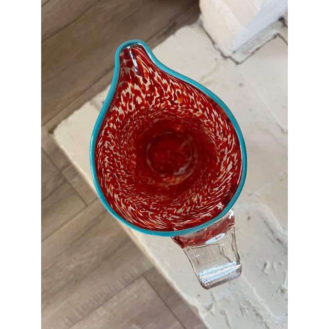 Vintage Hand-Blown Red Spatter Glass Pitcher Turquoise Rim c.1960s-1980s For Sale - Image 10 of 10