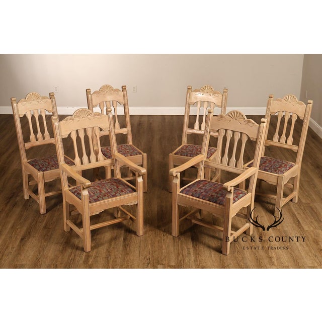 High Quality Vintage Set of Six Pine Dining Chairs with Bleached Finish and Carved Southwestern Motifs, Includes Two...