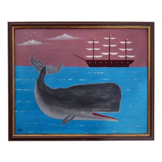 Matt Rix, Naive Style Sperm Whale and Sailing Ship, Oil on Board For Sale